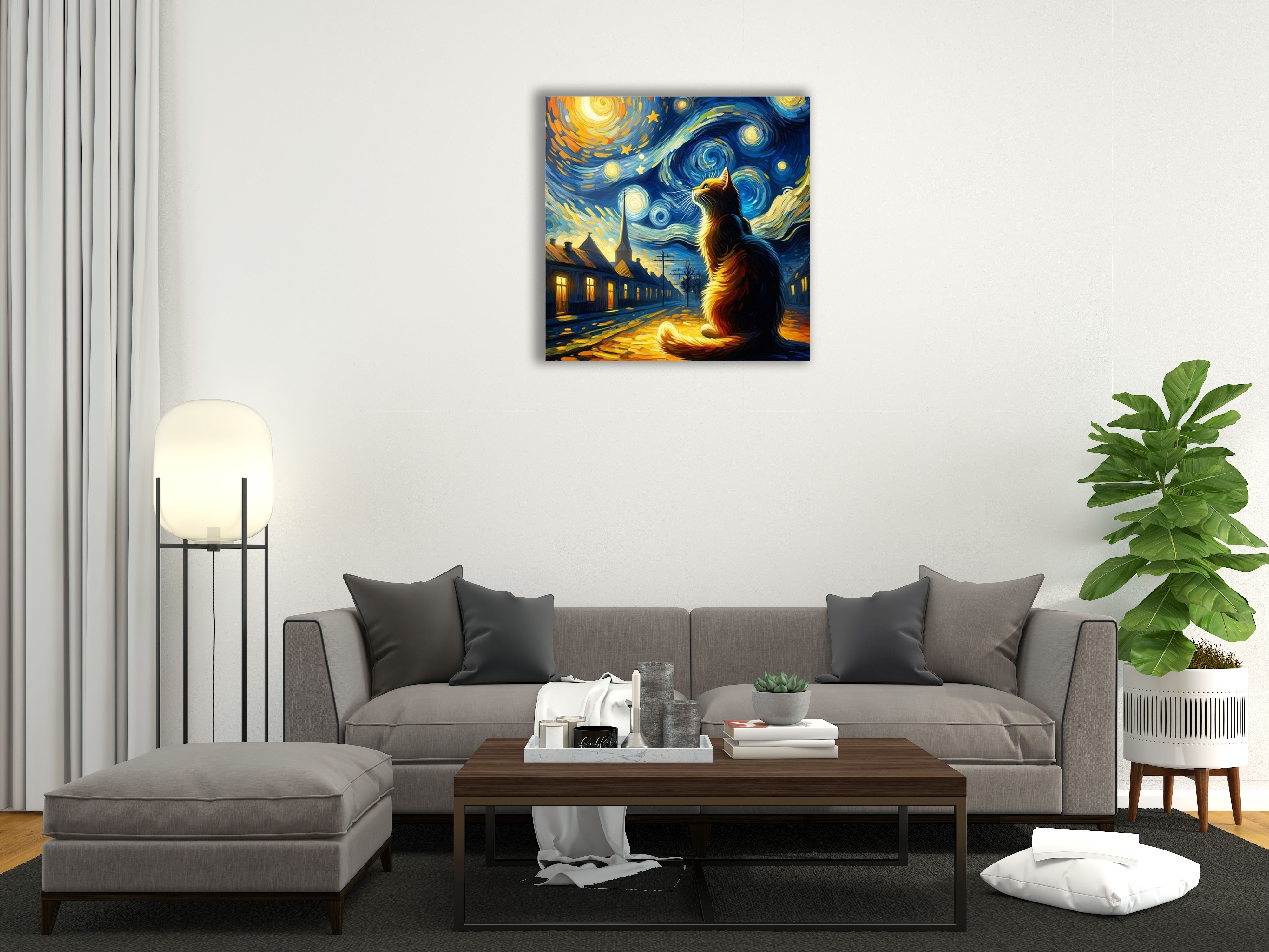 Van Gogh Yıldızlı Gecede Dolaşan Kedi Cam Tablo